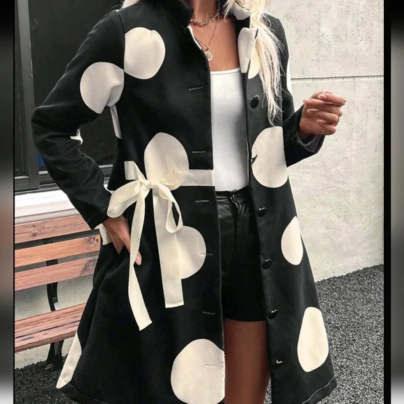 Women's Autumn/Winter Geometric Print Side Tie Long Sleeve Elegant Coat - Picture 1 of 5